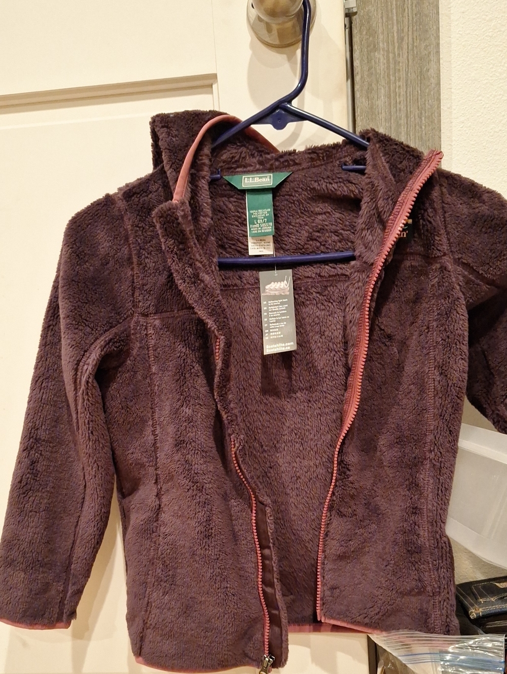 L.L. Bean Hooded Plush Fleece Jacket in Brown with Pink Trim
